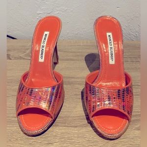 Peach Manolo Blahnik snake skin heels